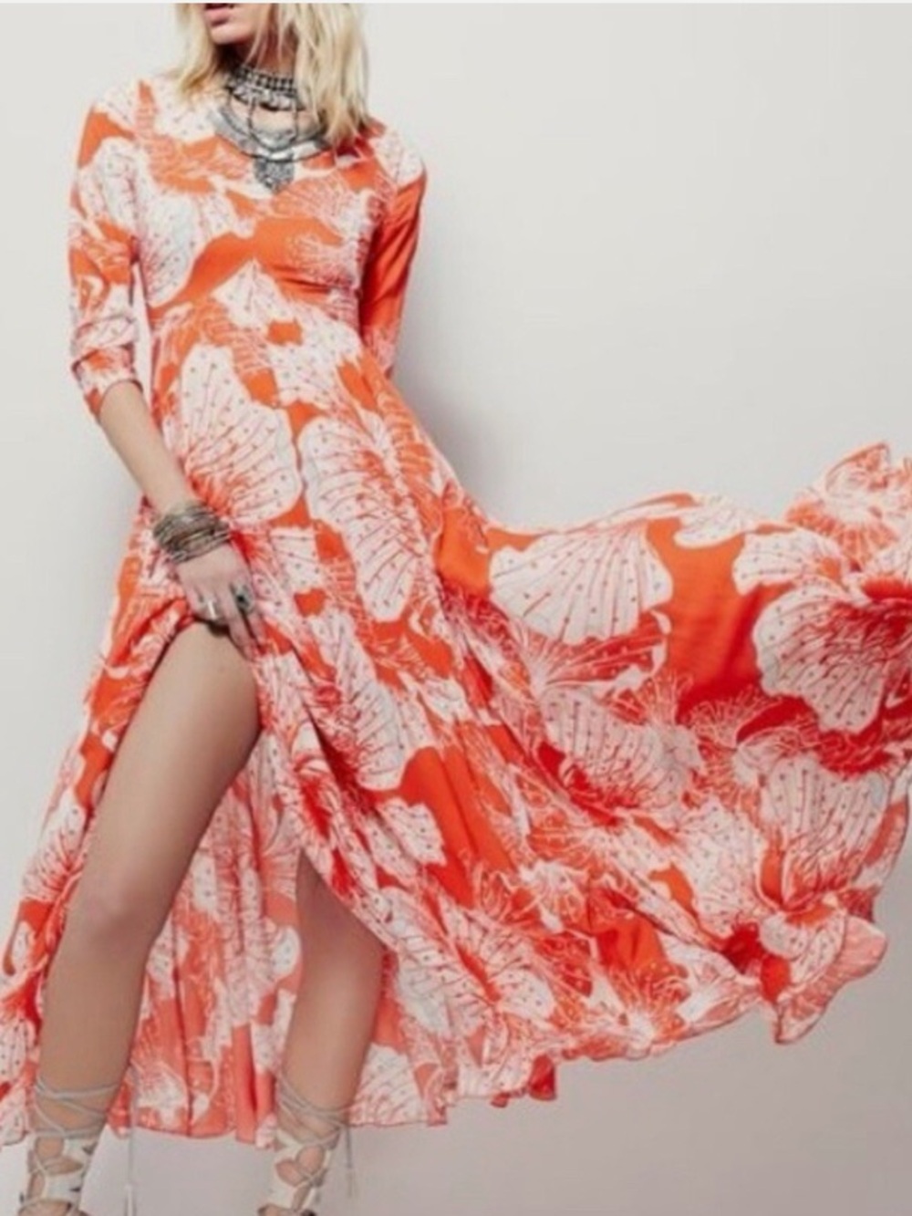 Free People “First Kiss” Vibrant Orange Floral Long-Sleeve Maxi Dress